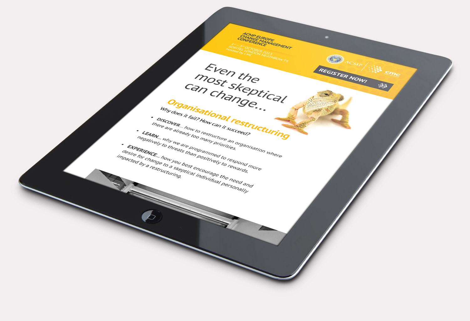 Conference email design displayed on tablet device