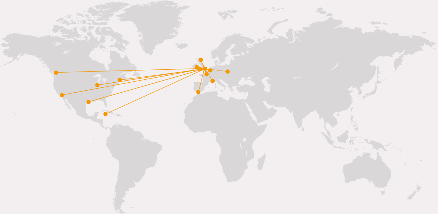 World map highlighting James Good client locations