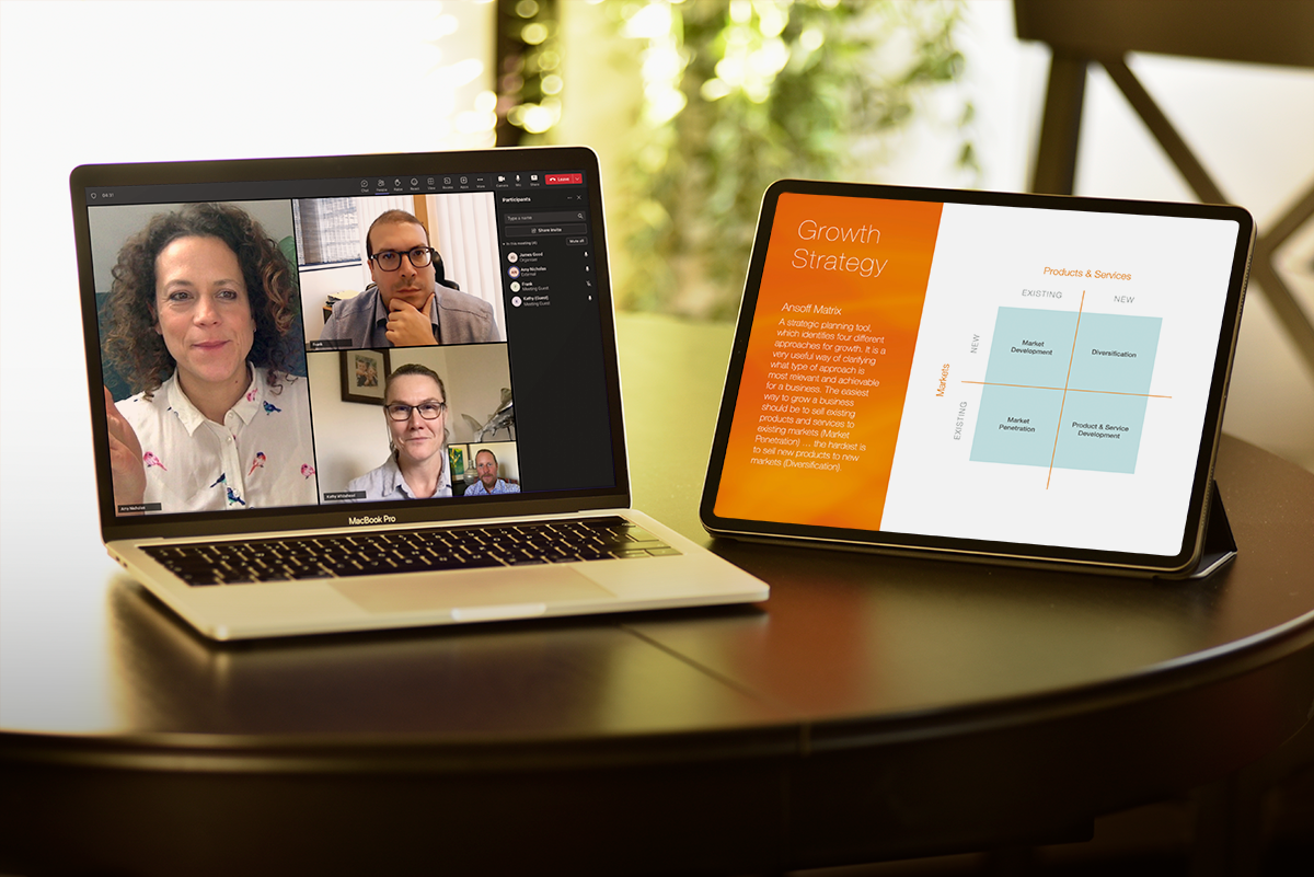 Marketing training in action – Teams call on laptop and training materials on iPad